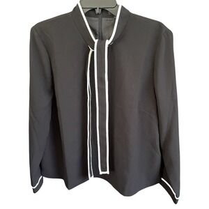 J. Crew Black Tie‎ Front High Neck Blouse with Cream Trim 16